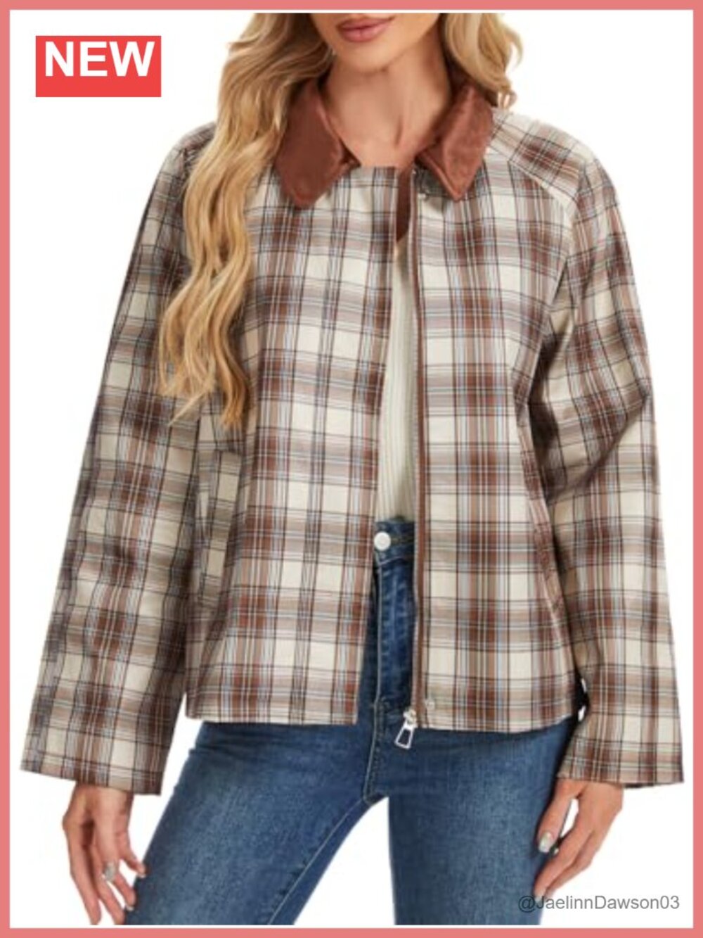 Women's Plaid Barn Jacket Zip Up Lightweight Cropped Coat